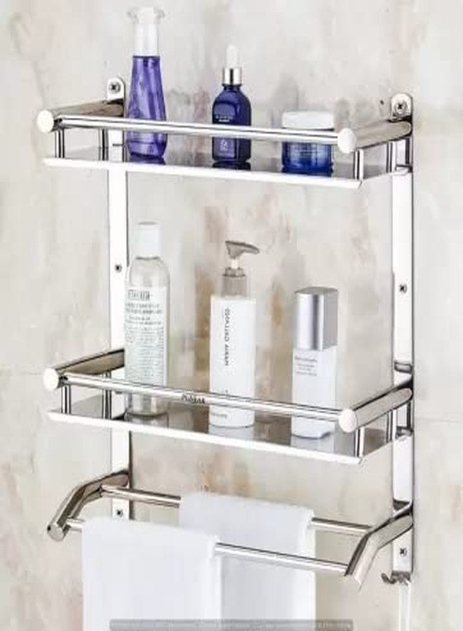 Filox Stainless Steel 2-Tier Bathroom Shelf with Towel Rod | Wall Mounted Multipurpose Rack Organizer | Rust-Resistant Storage for Toiletries & Accessories | 20-Inch, Silver - Image 2